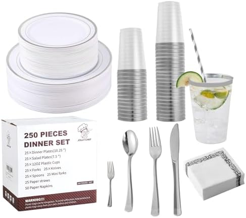 250PCS Plastic Plates Set With Silver Rim Elegant Cutlery set for 25 Guests by JOLLYCHEF