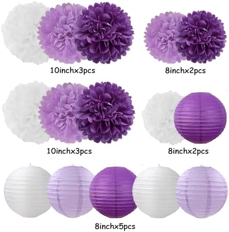 Purple-White Lavender Party Decorations Paper Flowers Lanterns - 15PCS Birthday Graduation Tissue Pom Poms Streamers, Baby Bridal Shower Wedding Retirement Bachelorette Hanging Supplies Decor Hugfond - Image 6