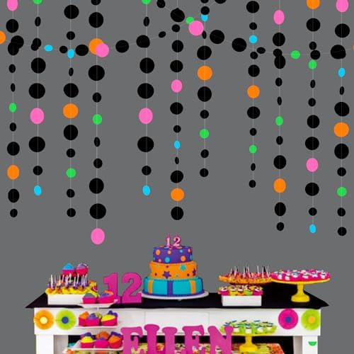 Black and Colorful Circle Dots Hanging Paper Streamer Black Multi-Color Polka Dot Banner for Birthday Bachelorette Wedding Shower Fiesta Disco Halloween Party Decorations Supplies by pinkblume
