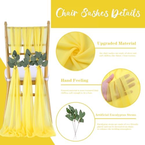 Yellow Chair Sashes Wedding Aisle Decorations: 50 Packs 8ft Long Draping Fabric Sheer Church Chair Cover Bulk for Party Banquet - Image 4