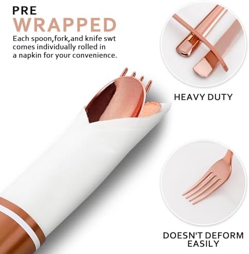 50Pack Pre Rolled Rose Gold Plastic Silverware Heavy Duty for Party - Image 6