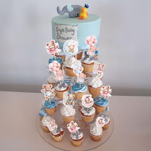 Gyufise 32Pcs Baby Shower Bear Cupcake Toppers Moon Baby Bear Baby Shower Cake Topper Decorations Jungle Animal Theme Birthday Party Cake Supplies Blue Pink - Image 6
