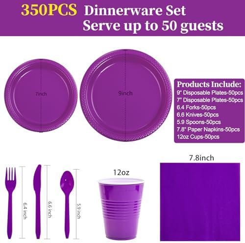 MirthMood 350Pcs Purple Plates,Party Supplies,Purple Plastic Dinnerware Set - Image 2