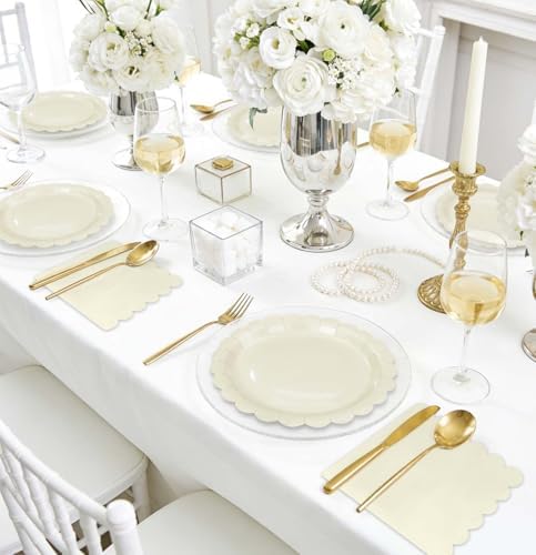 HEIPINIUYE 50 Pcs Ivory Paper Plates and Napkins Party Supplies Include 7'' Ivory Scalloped Plates and 6.5'' Paper Napkins Disposable Tableware Set for Dinner Wedding Birthday Party (Serves 25) - Image 6