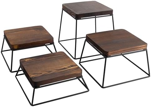 Dessert Table Risers Display Stands Food display Wood & Black Metal Square Retail Pizza,Cupcake,Candy Stands Food Platter Tray,6x6 INCH,Set of 4 (4P-Black) by YFEEN