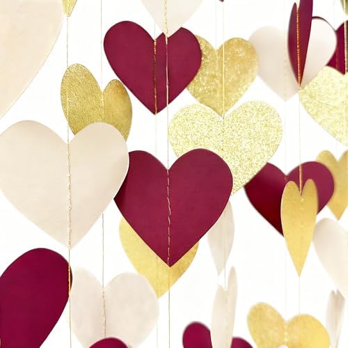 Maroon Gold Party Decorations Burgundy Beige Glitter Gold Paper Love Heart Hanging Banner Garland Streamer for Birthday Wedding Anniversary Engagement Valentines Day Graduation Garnet Party Supplies - Image 5