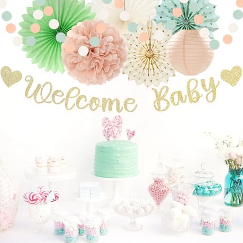 Sage-Green Blush-Beige Baby Shower Party-Decorations - 21pcs Girls Welcome Baby Banner,Light Dusty Pink Paper Lanterns Pom Poms,Safari Woodland Boho Neutral Streamers Garland Decor Favors Huglony - Image 4
