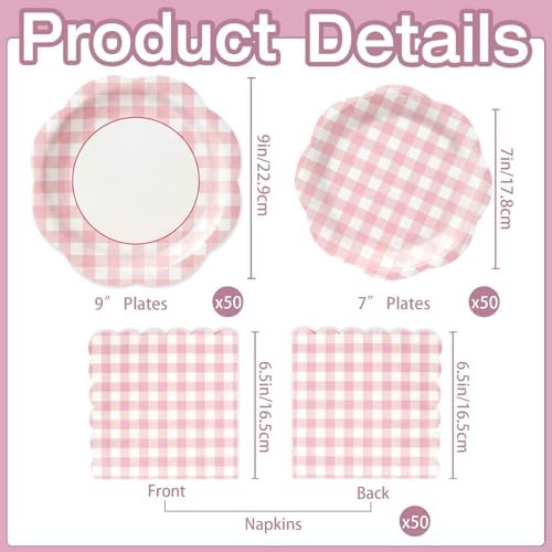 150Pcs Pink Gingham Paper Plates and Napkins Party Supplies for 50 Guests - Image 2