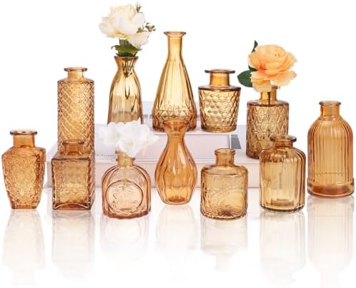 CUCUMI 12pcs Bud Vases for Centerpieces, Amber Gold Glass Vase Set by CUCUMI