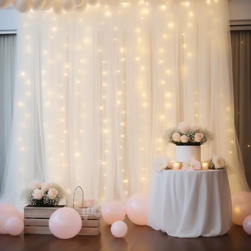 10ft x 10ft White Backdrop Curtain with Lights String for Parties, Sheer Tulle Wedding Photo Backdrops Drapes for Baby Shower Birthday Party Decorations Background for Photography - Image 3