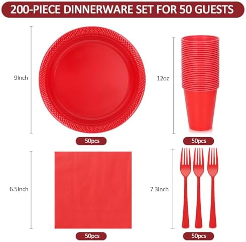 200pcs Red Plastic Plates for Party Disposable 9''Dinner Plates and Napkins - Image 2