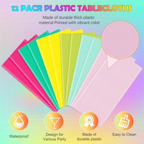 12 Pack Hawaiian Plastic Tablecloth for Round Tables, Pink Green Yellow Tropical Disposable Table Cover, Luau Round Table Cloth for Summer Flamingo Birthday Picnic Party Supplies Decorations - Image 3