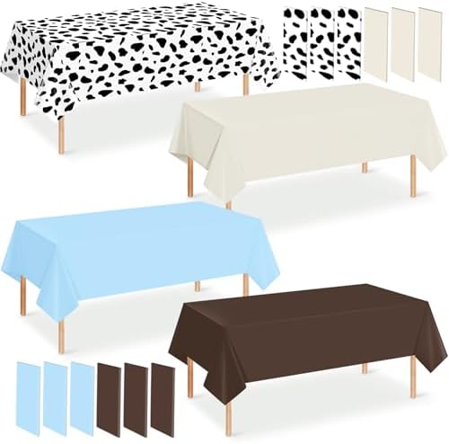 12 Pack Cowboy Baby Shower Plastic Tablecloth for Rectangle Tables, Cow Print Western Disposable Table Cover, Blue Rustic Table Cloth for Western Farm Cowboy My First Rodeo Baby Shower Party Decor by Hauwellter