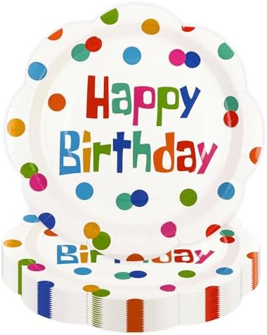 50 PCS Happy Birthday Paper Plates 7inch, Colorful Polka Dot Disposable Scalloped Cake Dessert Plates Party Supplies for Birthday Party Decorations by Unknown