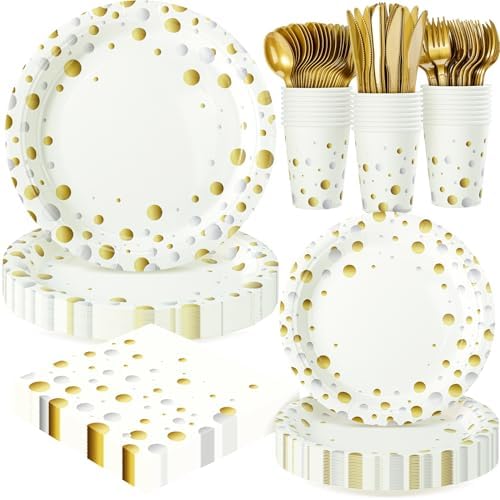 White and Gold Dots Party Plates,168PCS Birthday Tableware Party Supplies by FightingtoAchieve
