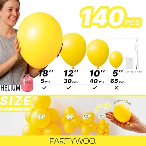 PartyWoo Yellow Balloons 140pcs Matte Yellow Balloons Different Sizes - Image 6