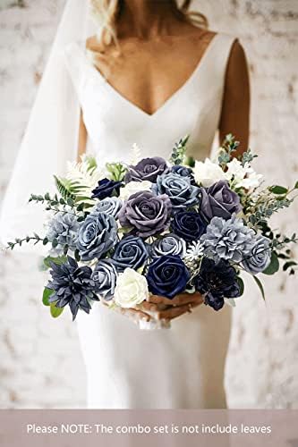 FACINOC Roses Artificial Flowers Dusty Blue Bouquet Fake Flower with Stem - Image 2