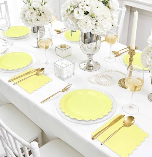 HEIPINIUYE 50 Pcs Yellow Paper Plates and Napkins Party Supplies Include 7'' Yellow Scalloped Plates and 6.5'' Paper Napkins Disposable Tableware Set for Dinner Wedding Birthday Party (Serves 25) - Image 6