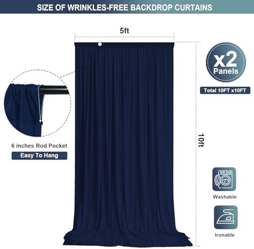 Navy Blue Backdrop Curtain - 10x10FT Back Drop Curtains for Parties Wrinkle-Free Soft Polyester Photo Backdrop Wedding Decorations Photoground Backdrop Stain-Resistant for Back Drop Stand, 2 Panels - Image 2