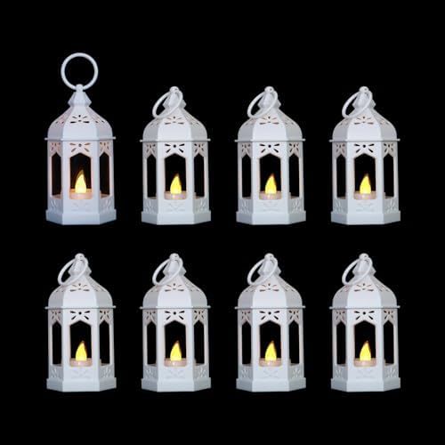 LLQ 8 Pcs Mini Lantern Decor Moroccan Lantern with Flickering LED Candle Table Centerpiece Small Vintage Wedding Hanging Lamp Ornaments Bulk for Wedding Halloween Christmas Party (5 Inch,White) by LLQ-LuckLifeQuality