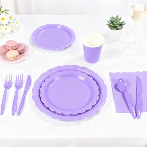 176 PCS Purple Party Decorations - Light Purple Scalloped Plates, Napkins, Cups, Cutlery, Tablecloth for Baby Shower, Wedding, Lavender Birthday Decorations, Serves 25 - Image 5
