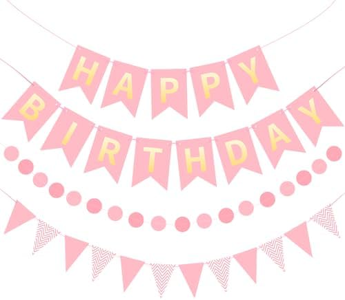 Pink Happy Birthday Banner Hanging Sign Circle Dot Triangle Bunting by Unknown