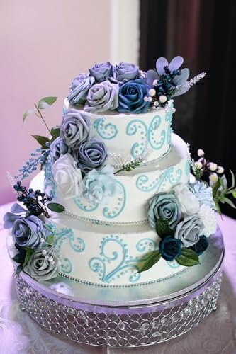 FACINOC Roses Artificial Flowers Blue Bouquet Fake Flower Bulk with Stems - Image 4