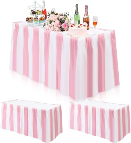 Remagr 3 Pack Pink Carnival Table Skirt Party Decorations Pink and White Striped Table Skirts Disposable Carnival Decorations for Circus Party Decor Wedding Baby Shower Supplies, 29" x 14 ft by Remagr
