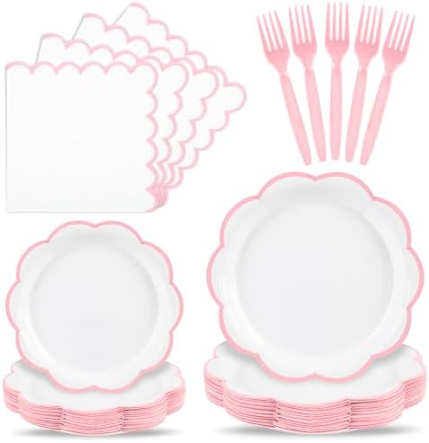 96 Pcs Pink and White Paper Plates and Napkins Set Serve for 24 Guests by Unknown