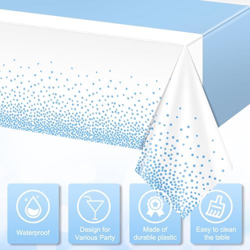 MASHAN 3Pcs White and Light Blue Tablecloth Party Decorations,Plastic White Table Cloth Printed Baby Blue Table Runner Disposable Rectangle Cover for Birthday Baby Shower Wedding Party,54 x108 Inch - Image 3