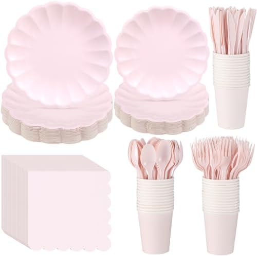 Newtay 350 Pcs Light Pink Scalloped Paper Plates and Napkins Party Supplies by Newtay