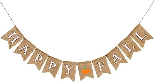 Whaline Happy Fall Pumpkin Burlap Banner Harvest Home Decor Bunting Flag Pre-Assembled Autumn Hanging Garland Party Thanksgiving Day Decoration (White) by Whaline