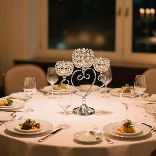 6 Pcs Silver 3-Arm Heart Tea Light Candle Holder - Crystal & Metal Wedding Centerpiece Decor, Sparkling Table Decor for Anniversaries/Romantic Tabletop Home/Dinner Party/Events - Image 6