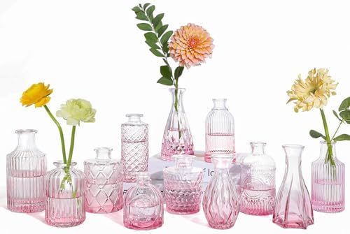 UPBUD Pink Glass Bud Vases Set of 12, Mini Flower Vase for Centerpieces by UPBUD