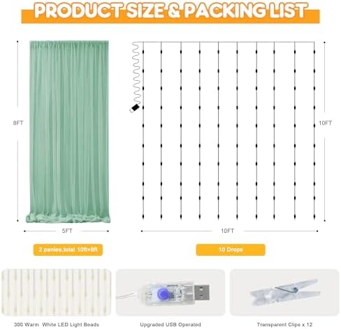 Green Tulle Backdrop Curtains with Lights 10x8ft Sheer Curtain Backdrop - Image 2