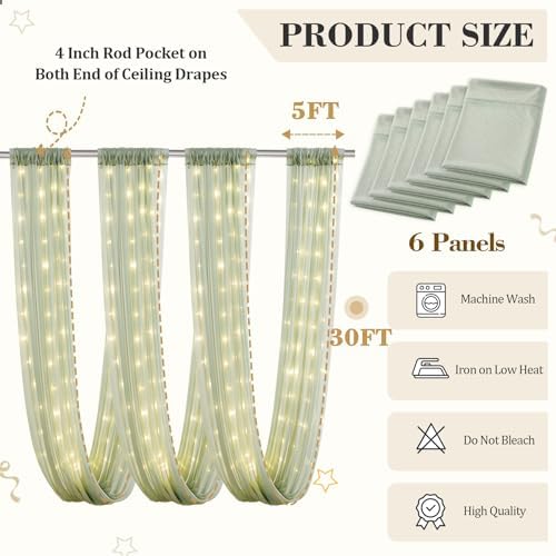 6 Panels Green Ceiling Curtains with Lights for Weddings - 5ftx30ft Wrinkle-Free Tulle Fabric Wedding Arch Draping Ceiling Drapes Decorations for Wedding Party Ceremony Stage Tent Event - Image 2