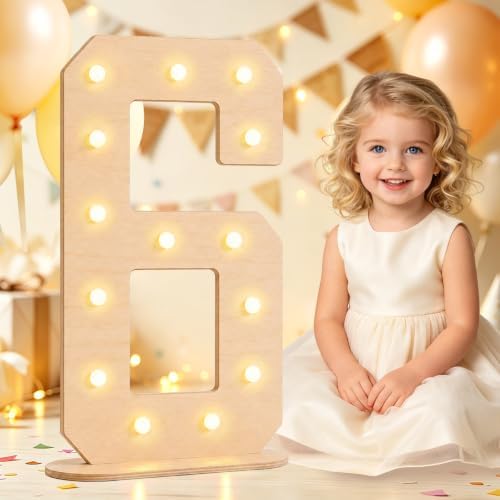Pooqla 6th Birthday Decorations, 17.3 in Tall Wooden Light Up Numbers 6 by Pooqla