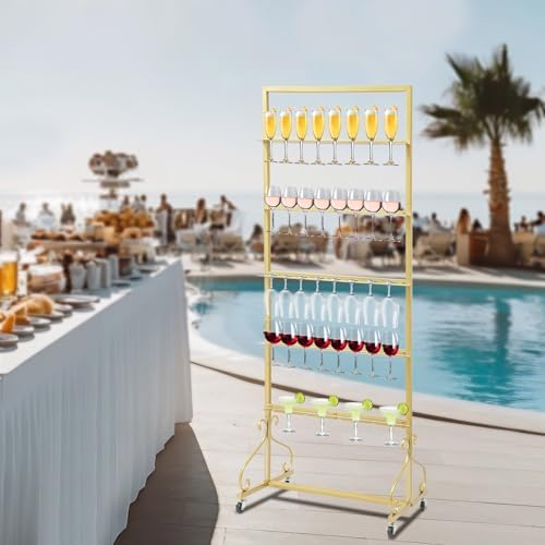 Champagne Tower Stand, 5-Tier Metal Champagne Flutes Display Stand Champagne Wall Holder for Party Champagne Rack Shelf Wine Glass Rack Hold 40 Glasses with Swivel Casters (Gold) - Image 4