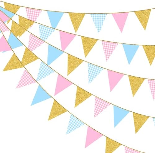 Pink and Blue Buffalo Plaid Gold Party Decorations Pennant Banner Flag Hanging Glitter Paper Triangle Bunting for Birthday Wedding Bridal Shower He or She Pink or Blue Party Supplies by pinkblume