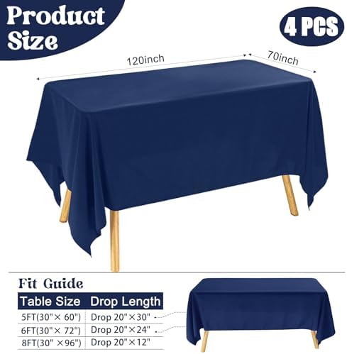 4 Pack Rectangle Tablecloth for 6 Foot Tables Washable Polyester Table Cover for Wedding Dining Table Parties Banquet（70x120 Navy Blue） - Image 2