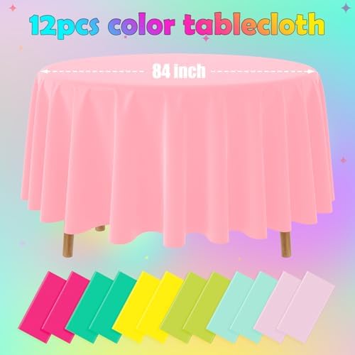 12 Pack Hawaiian Plastic Tablecloth for Round Tables, Pink Green Yellow Tropical Disposable Table Cover, Luau Round Table Cloth for Summer Flamingo Birthday Picnic Party Supplies Decorations - Image 2