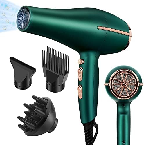 2000 Watt Negative Ionic Hair Dryer, Professional Salon Blow Dryer, Low Noise Fast Drying & Powerful AC Motor and Diffuser Comb for Men Women,3 Heat & 2 Speed Settings, Easy to Use- Green by ARDIRO