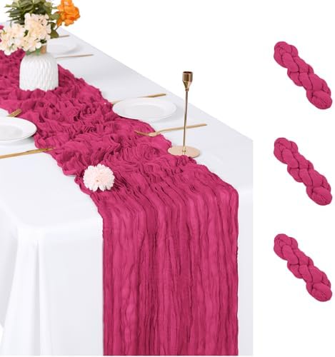 3 Pack Hot Pink Cheesecloth Table Runner, 17 x 108 inch, Semi Sheer Boho Cheese Cloth Fabric Table Runner Bulk for Wedding, Birthday, Party, Holiday, Home Decor (Hot Pink) by ACSUIT