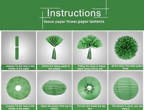 White Green Party Decoration - 15Pcs Tissue Pom Poms Paper Flowers Paper Lanterns Dinosaur Theme Birthday Baby Shower Forest Party Hanging Decor HongTongTong - Image 3
