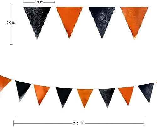 Black Orange Party Decoration Metallic Fabric Triangle Pennant Banner Flag Bunting Garland for Graduation Halloween Fall Autumn Thanksgiving Birthday Wedding Shower Bridal Shower Party Supplies - Image 2