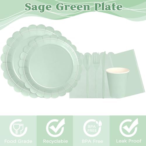 176 Pcs Sage Green Tableware Set for 24 Guests, Plates Cups Napkins Cutlery - Image 5