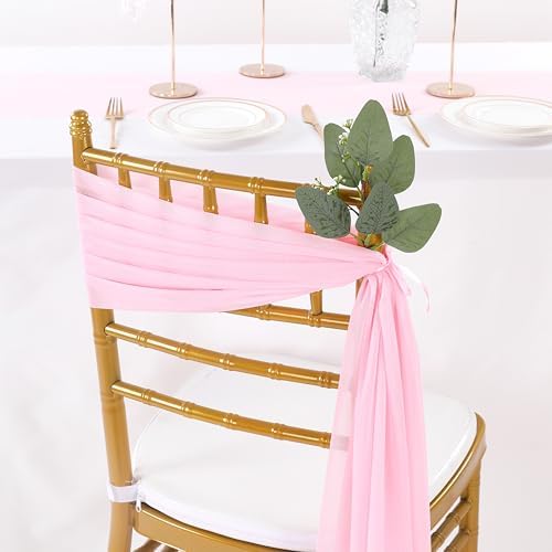 QueenDream Pink Chair Sashes Wedding: 16 Pieces Long Sheer Wedding Aisle Chair Decorations Tulle Chairs Covers with Artificial Eucalyptus - Image 7