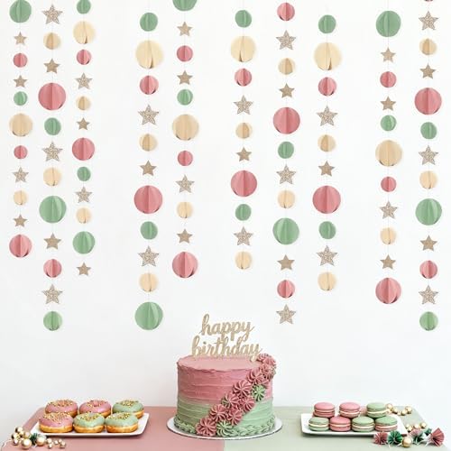 Champagne Gold Sage Green Dusty Rose Pink Beige 3D Polka Dot Star Hanging Streamer Circle Dot Star Banner Garland for Girl Wild Safari Jungle Woodland Birthday Party Decorations Supplies - Image 7