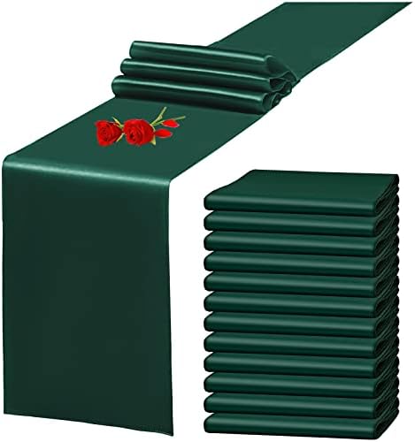 12 Pack Emerald Green Satin Table Runner 12 x 108 Inch Long Premium Table Runners for Wedding Party Events Decoration, Birthday Parties, Banquets Decorations, Graduations, Engagements by YMHPRIDE
