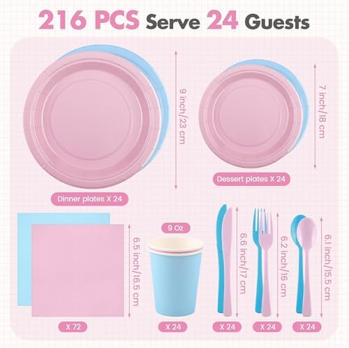 Kochorie 216 Pcs Gender Reveal Party Supplies Set, Pink and Blue Disposable Paper Tableware Set 7 inch & 9 inch Plates Cups Napkins Cutlery for Birthday Baby Shower Party Decorations, Serve 24 - Image 2